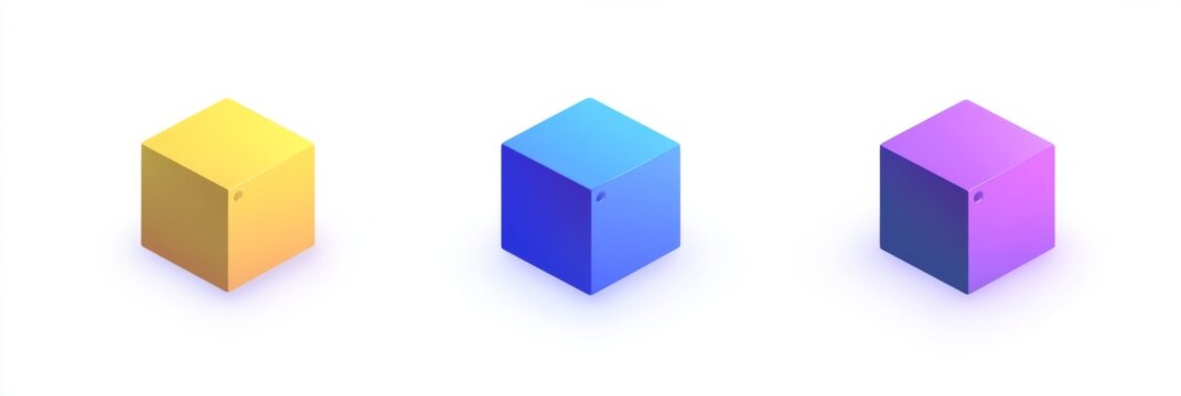 Isometric Cube Elements in Blue, Purple, and Yellow on White Background, Minimalist 3D Rendering with Bright Colors