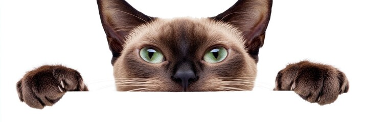 Fototapeta premium A close-up of a cat's face with green eyes peeking over a white surface.