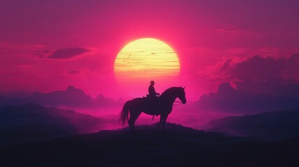 horse and rider silhouetted in front of a radiant sunset. The glowing horizon and their poised forms create an unforgettable scene
