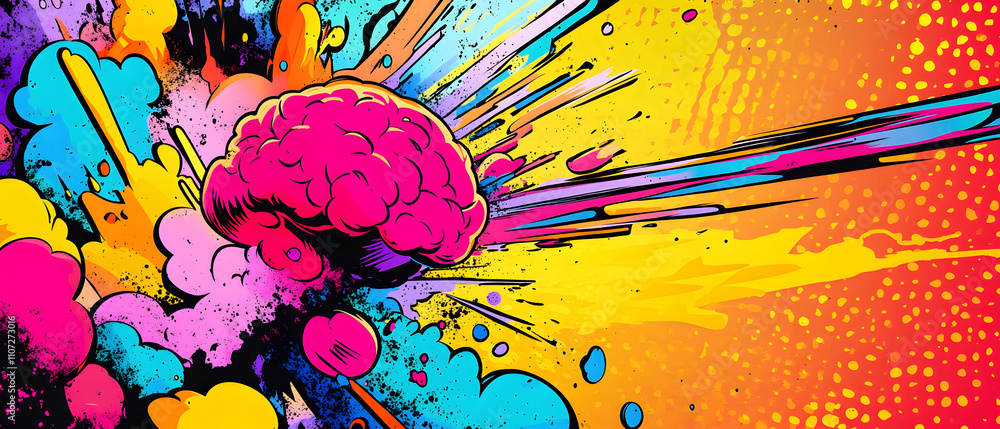 Aufkleber exploding brain: abstract colorful pop art brain illustration