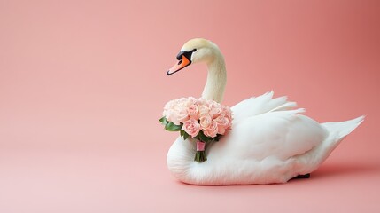 A swan adorned with a bouquet of pink roses against a soft pink background.