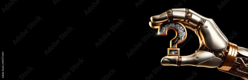 Fototapete closeup, macro photography of a robot hand holding a metallic question mark with metal gears inside,