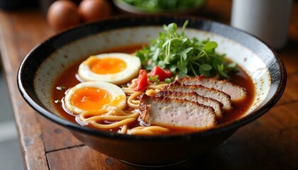Delicious bowl of ramen topped with sliced meat, soft-boiled eggs, and fresh herbs