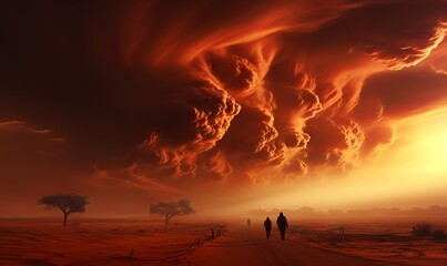 Group of People Walking on Dirt Road Under Cloudy Sky