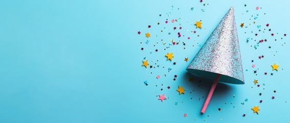 A colorful party hat surrounded by confetti on a blue background, suggesting celebration.