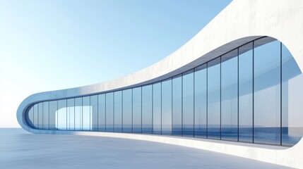Modern Building Facade with Curved Concrete Walls and Reflective Glass Windows