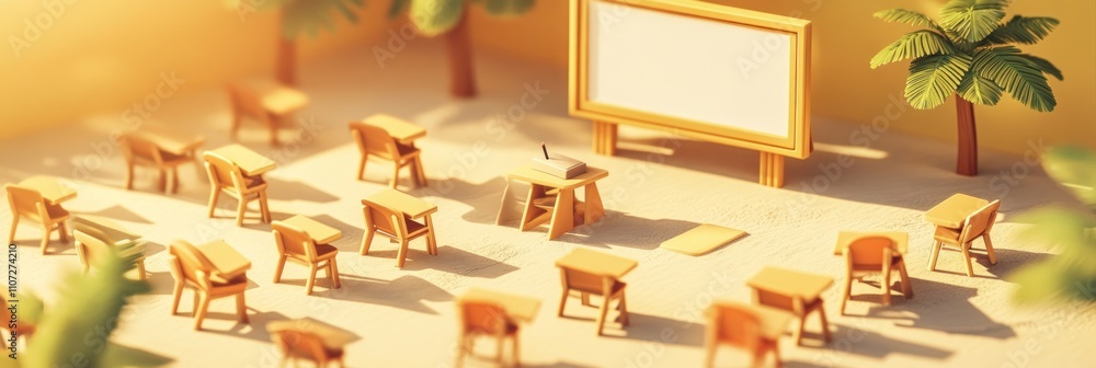 Poster a miniature classroom setup with desks and a chalkboard under palm trees.