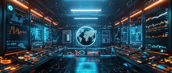 A futuristic control room featuring glowing screens, data visualizations, and a central globe display, embodying advanced technology and global monitoring.