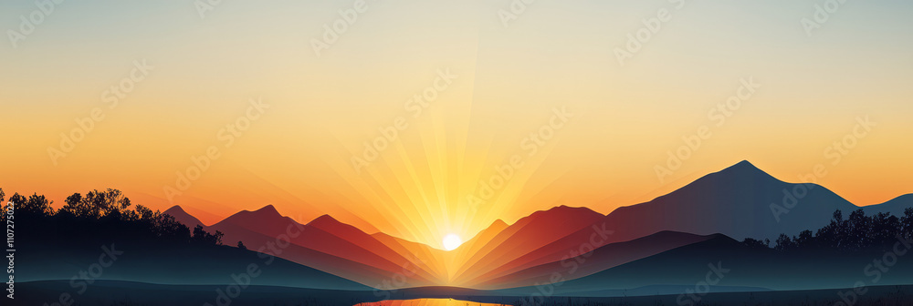Poster a sunset with mountains and trees in the background