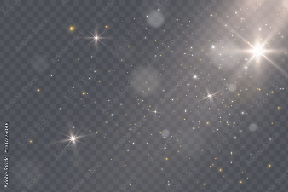 Poster Glowing bokeh and glitter cloud effect with bright dust particles isolated on transparent background. Star cloud vector with glare and shine.