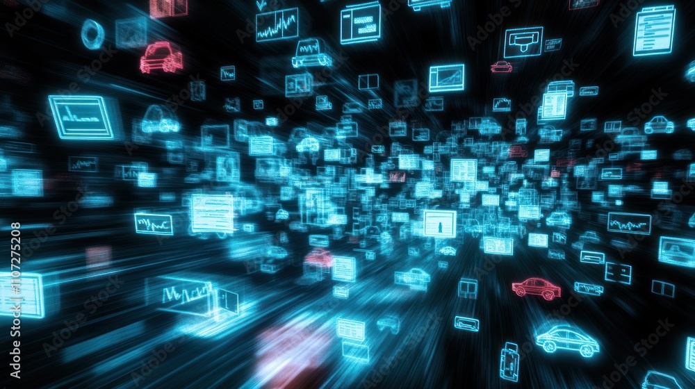 Aufkleber a digital explosion of holographic icons representing various data and technology concepts.