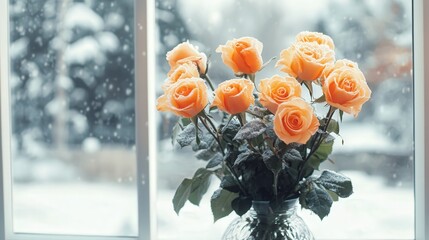 A cozy 4K picture of orange roses in a simple vase, framed by frost-kissed windows and a snowy landscape outside