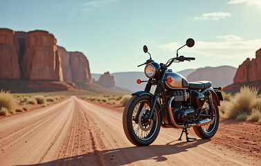 Vintage motorcycle parked on a dusty desert road