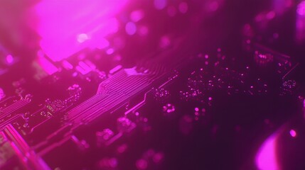 Abstract close-up view of a circuit board with vibrant pink neon light highlighting intricate circuit patterns.