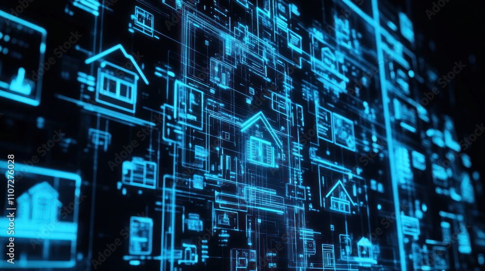 Poster digital representation of houses with interconnected data lines, suggesting smart home technology.