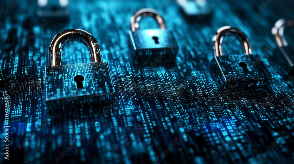 Poster a digital padlock symbolizing cybersecurity is depicted, disintegrating into particles, representing