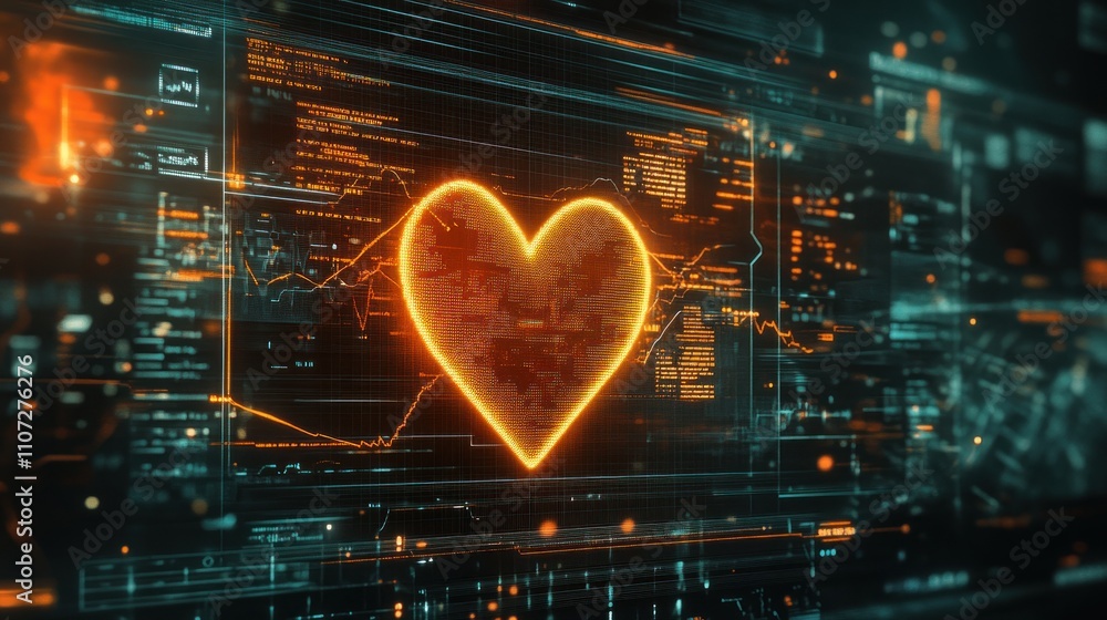 Poster a glowing heart symbol amidst digital data and graphs, representing love in a tech context.