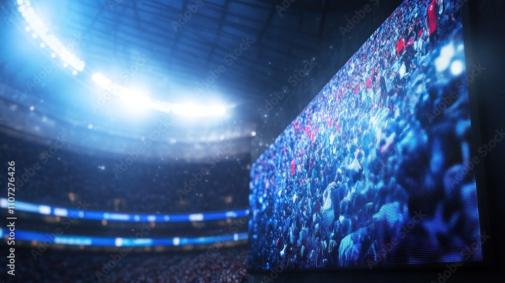 Poster a crowded stadium with a large screen displaying fans, creating an energetic atmosphere.