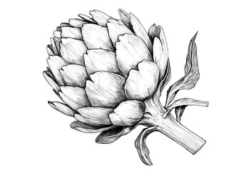 Fototapeta premium Artichoke, organic vegetable, sketch. Vintage retro print, artichoke food, botanic ink style drawing, linear drawing, engrave old school. Sketch artwork silhouette artichoke. Illustration