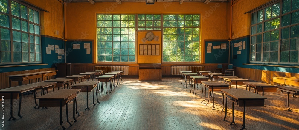 Poster sunlit classroom with empty desks and large windows.