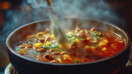 photo showing a stew machine in action, ladling out a steaming stew into a stunningly crafted dish.