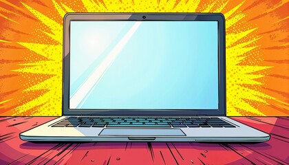 Comic-style open laptop background with bold outlines, bright colors, and quirky workspace details