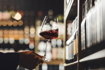 Wine Expert Expertly Swirling Glass of Red Wine in Cellar Environment