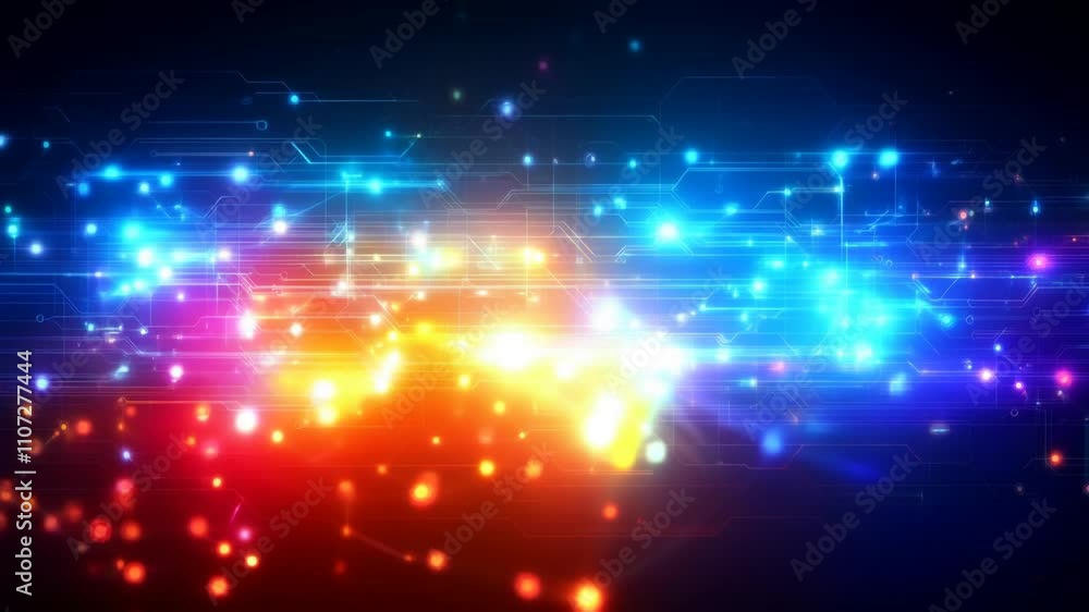 Poster abstract tech background consisting neon and shining polygons along which digital data particles mov