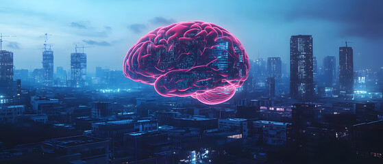 Futuristic Cityscape with Holographic Brain: Artificial Intelligence Concept