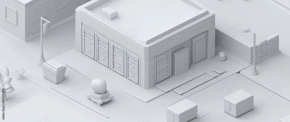 Poster a minimalist 3d rendering of a small commercial building and surrounding urban elements.