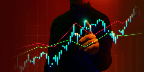 Businessman highlighting key economic indicators on screen, representing strategic business...