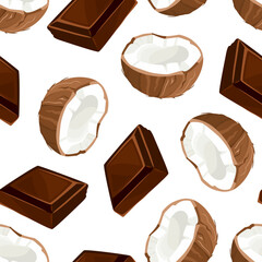Chocolate and coconuts vector background. Seamless pattern. Cartoon flat illustration.