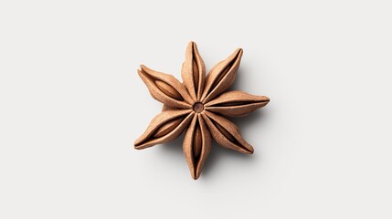 Close-up of a single star anise on a light background, showcasing its symmetrical star shape and textured brown pods.
