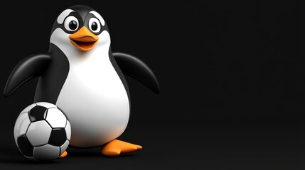 Obraz premium A cartoon penguin standing next to a soccer ball on a dark background.
