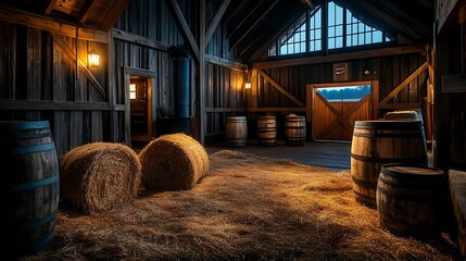 Rustic Barn Interior at Dusk: Hay Bales and Whiskey Barrels in a Historic Setting AI Generated