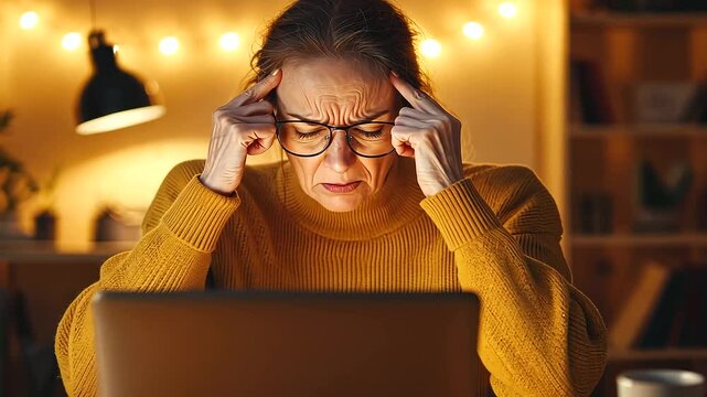 Worried Elderly Freelancer in Home Office with Laptop