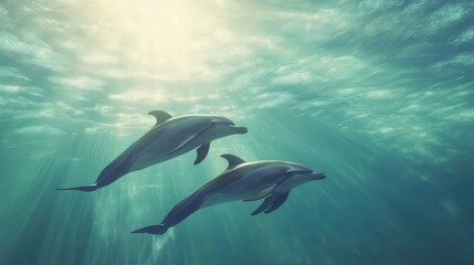 A dolphin mother and her calf captured mid-jump, their bodies glistening in the sunlight against the backdrop of a calm ocean