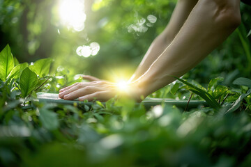 person doing plank exercise outdoors, surrounded by lush greenery and sunlight. serene environment enhances workout experience, promoting health and wellness