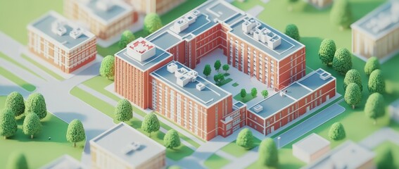 A miniature model of a modern building complex surrounded by greenery.