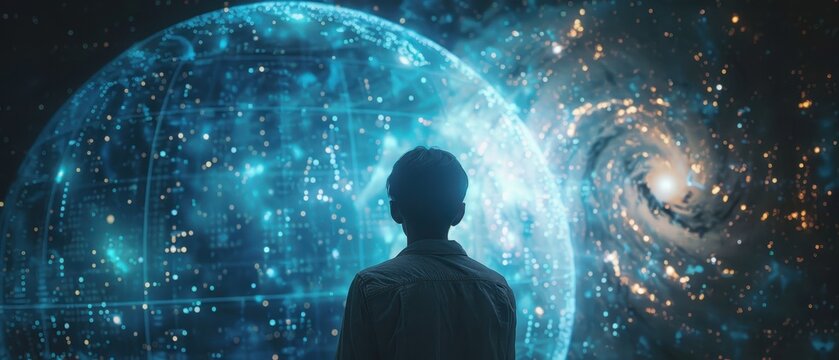 A child gazes at a mesmerizing cosmic scene, filled with vibrant galaxies and a glowing orb, evoking wonder and curiosity about the universe.