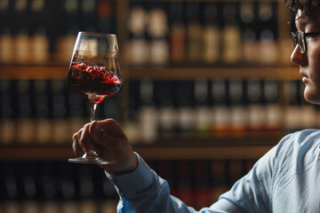Portrait of Wine Expert in Cellar Holding Glass of Red Wine, Swirling it Analysis it Color