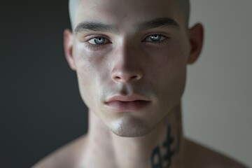 Fototapeta premium A man with a shaved head and a tattoo on his neck. He has a tattoo on his neck and a tattoo on his arm