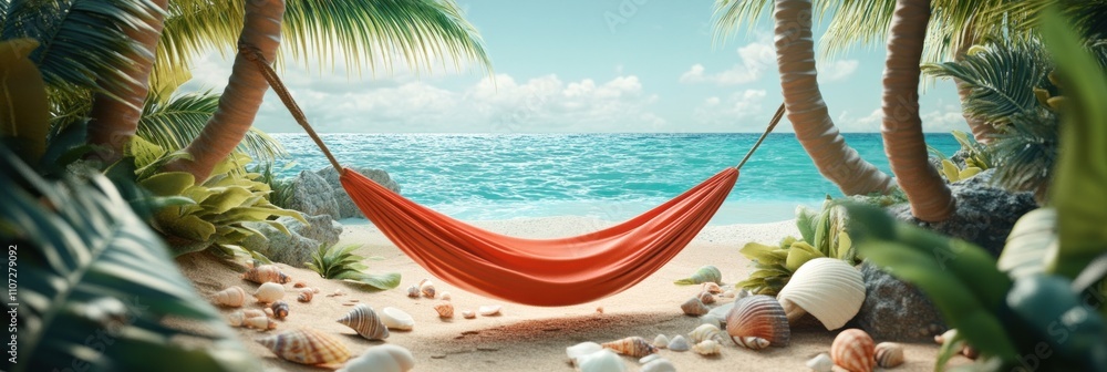 Poster a tranquil beach scene featuring a red hammock between palm trees by the ocean.