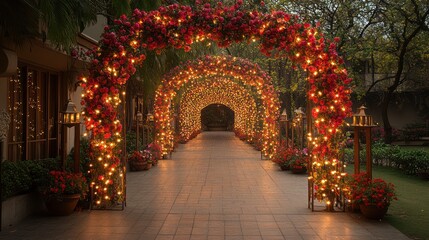 Fototapeta premium Romantic rose archway pathway with lights at night.