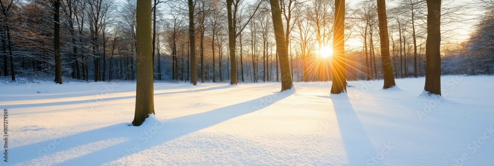 Aufkleber a snowy field with trees in the background and a sun shining through the trees. the sun is casting a