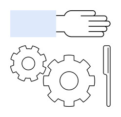Obraz premium Hand gesturing below two gears and a rod representing mechanical setup. Ideal for engineering, mechanics, teamwork, collaboration, technical education, industry, process optimization. Line metaphor