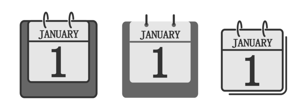 calendar designs with january 1st day of the month new year highlighted, set of symbol icons isolated