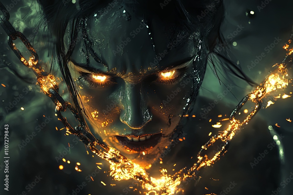 Poster mysterious figure surrounded by glowing chains in a dark, eerie setting evokes a sense of power and 