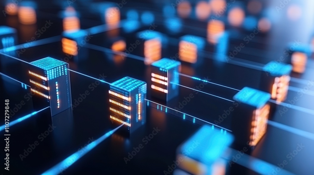 Aufkleber abstract futuristic network of glowing data blocks.