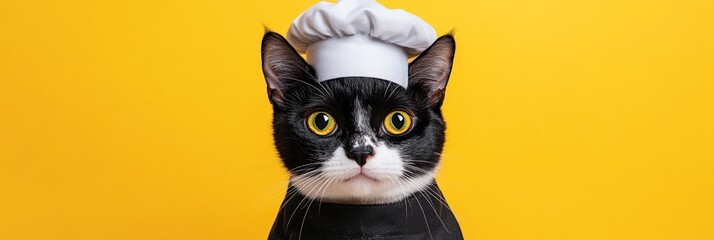 A cat dressed as a chef against a bright yellow background.